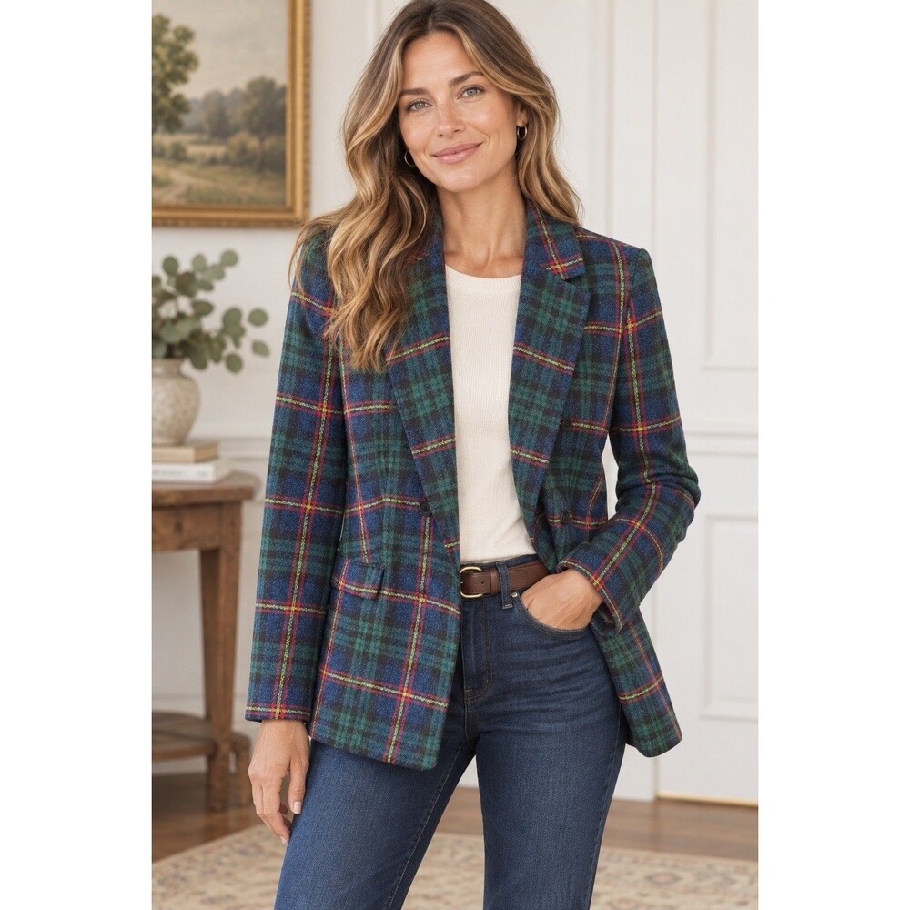 Talbots Navy Green Tartan Plaid Tweed Open Blazer Red Gold Accents Wool Bl 10